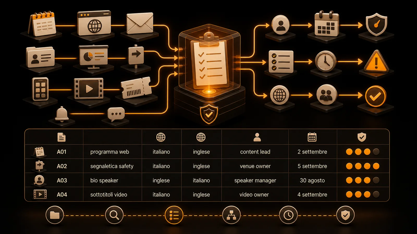 Schema illustrato della sezione Fai l'inventario prima della prima traduzione