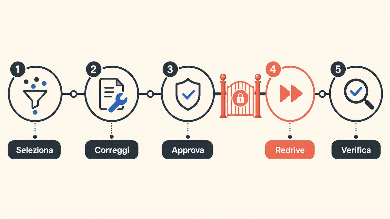 Timeline del redrive con selezione, correzione, approvazione e verifica