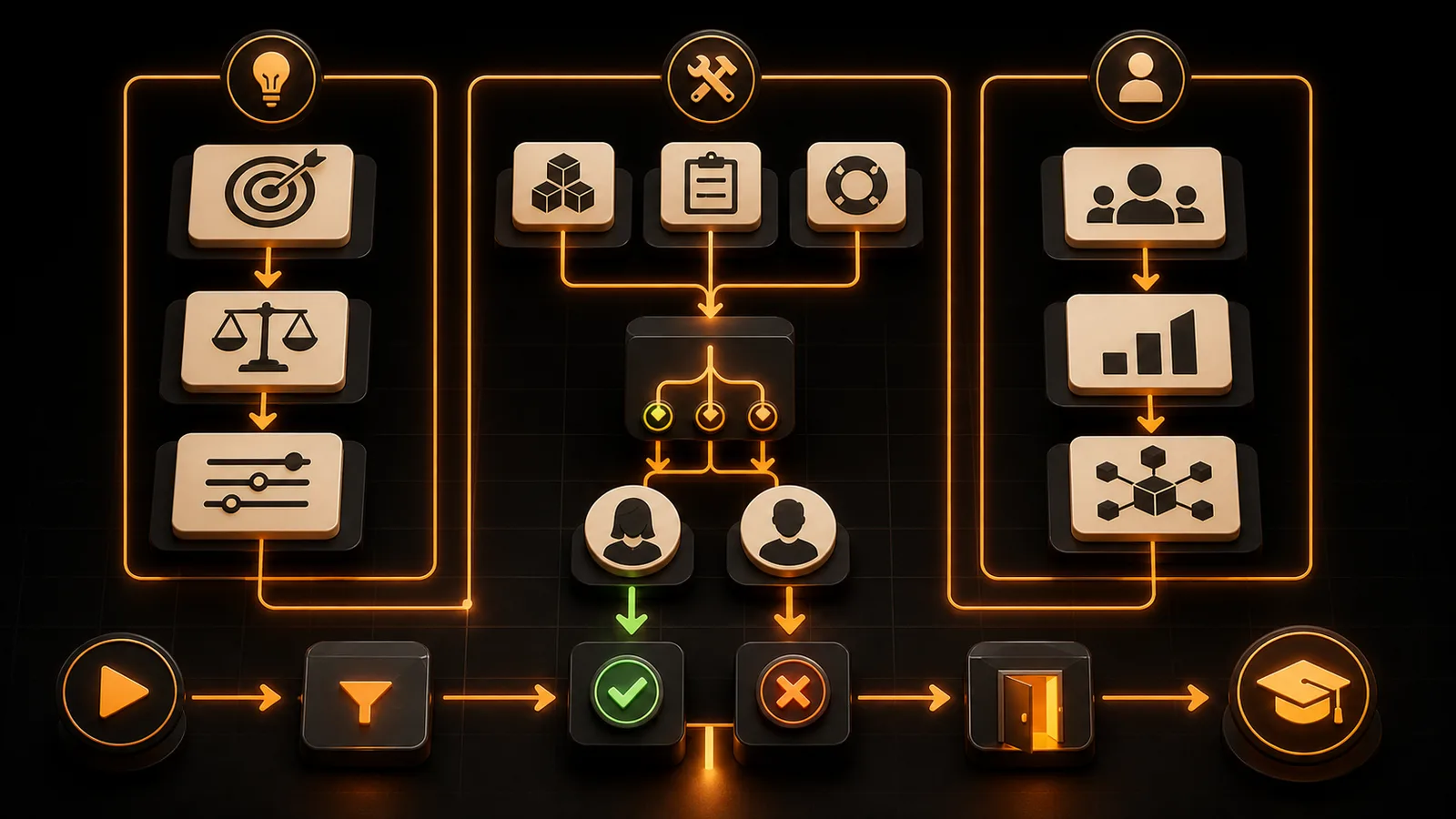 Schema illustrato della sezione Think, Build, Enable applicato al test d'ingresso