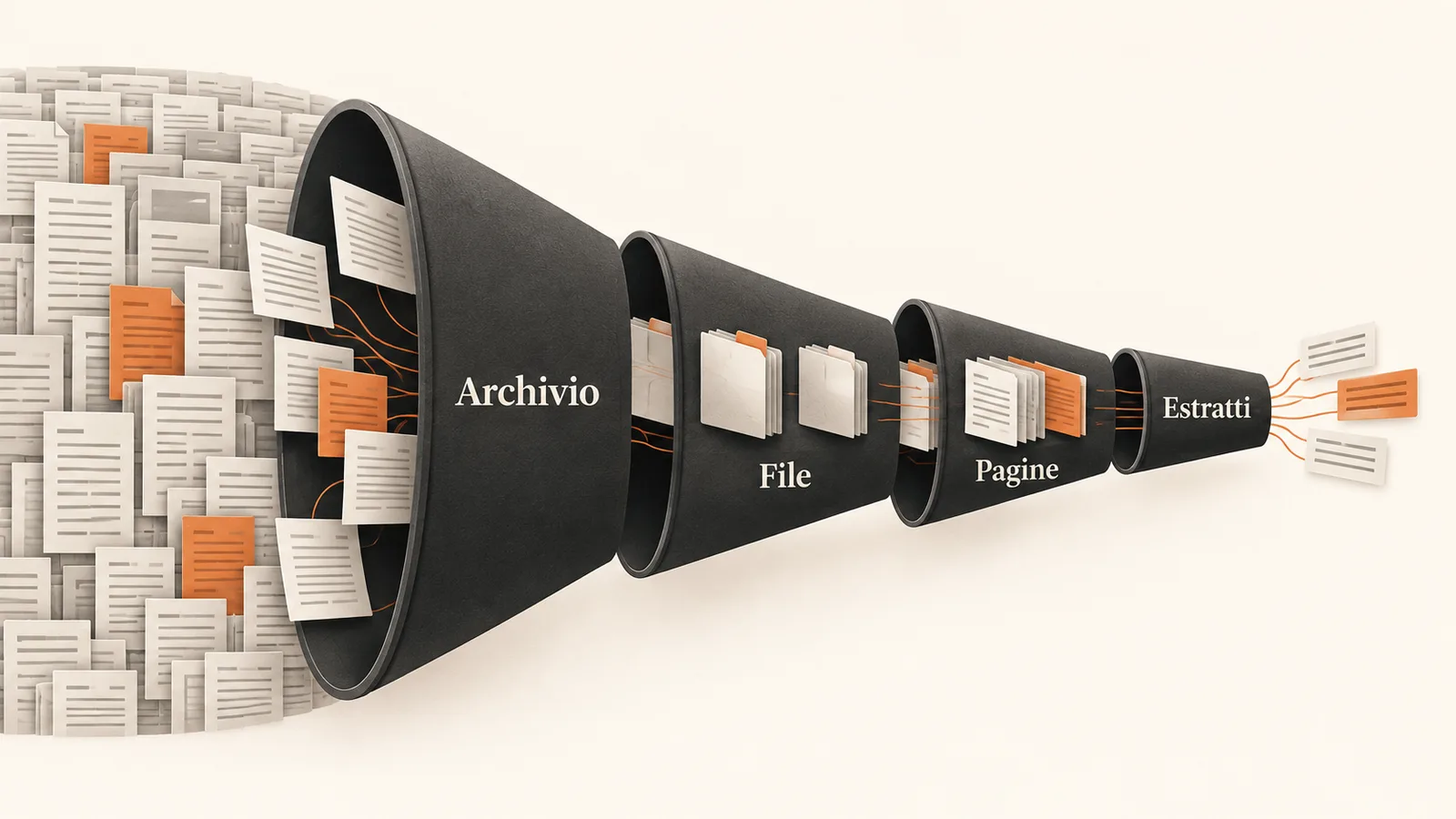 Un imbuto riduce archivio, file e pagine fino agli estratti che rispondono alla domanda.