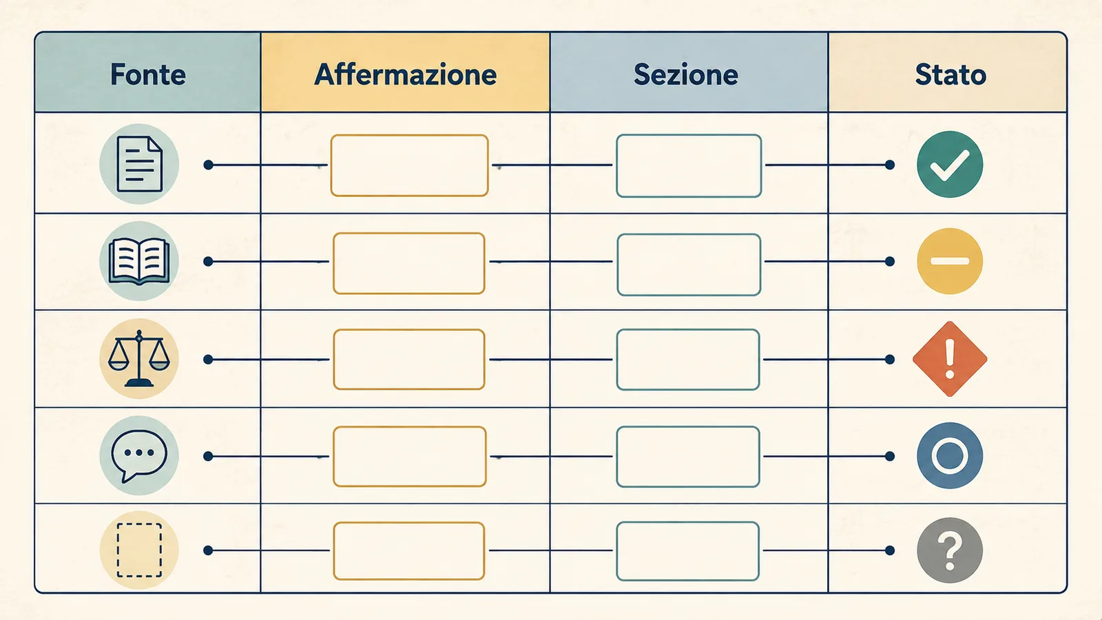 Una matrice collega fonte, affermazione, sezione del documento e stato di verifica.