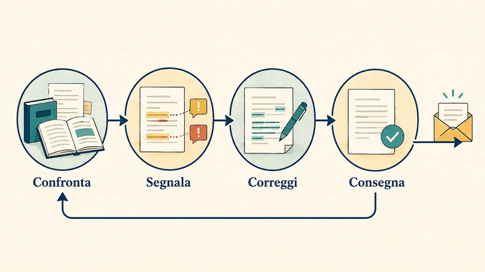 Un ciclo confronta documento e fonti, segnala differenze, corregge e porta alla consegna.