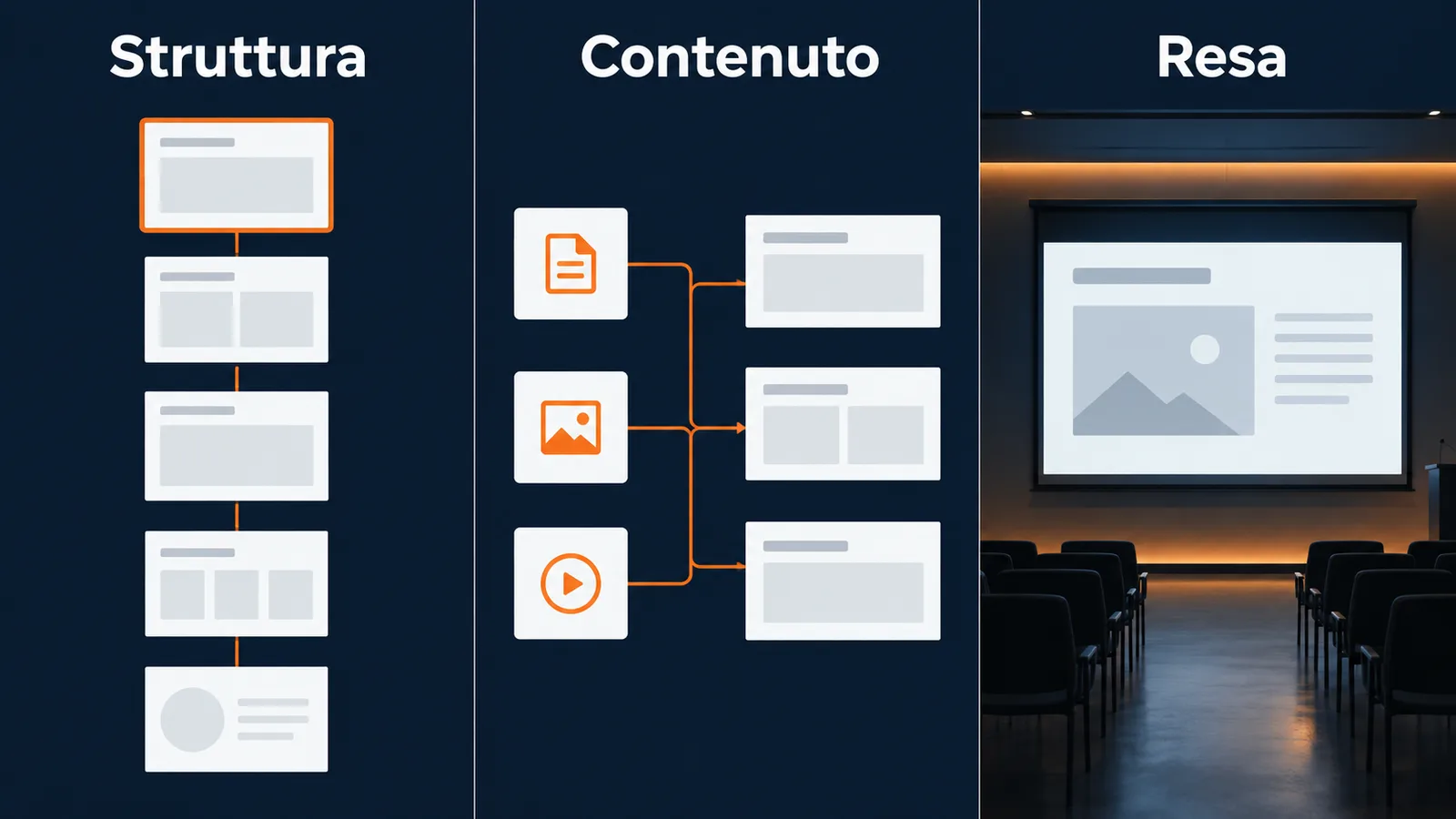 Tre viste di controllo di una presentazione: struttura, contenuto e resa proiettata