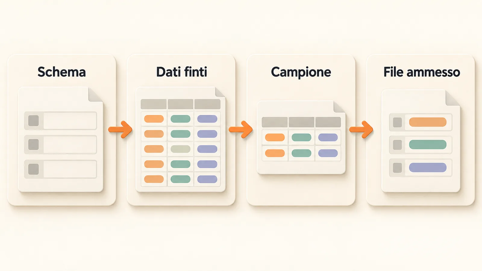 Quattro passaggi portano dallo schema vuoto a un file reale minimizzato e ammesso.