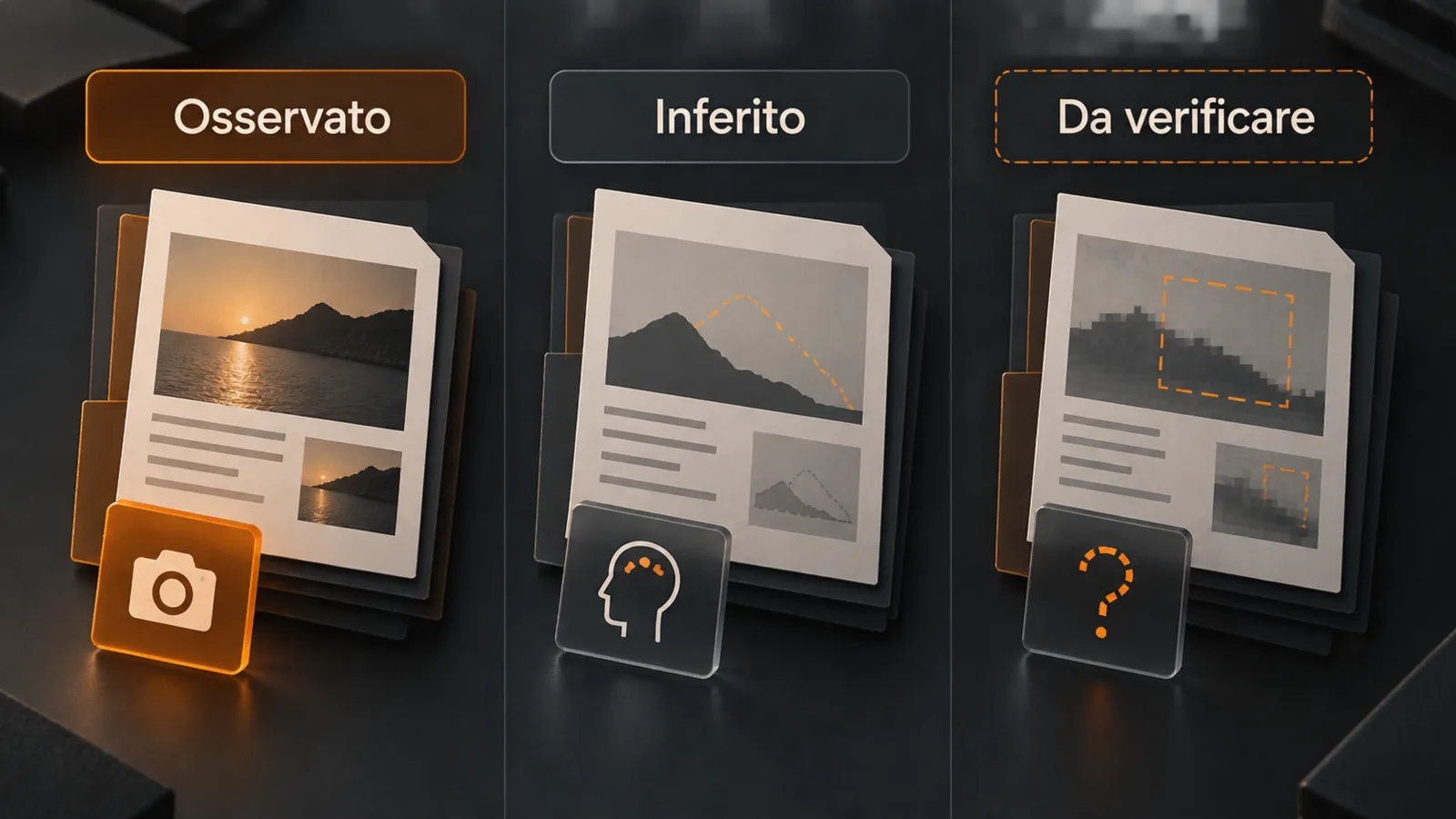 Quaderno delle evidenze con colonne separate per osservazioni, inferenze e punti da verificare.