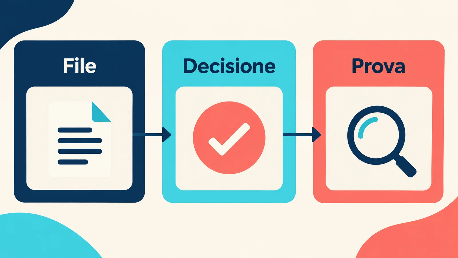 Tre colonne collegano i file coinvolti alle decisioni e alle prove previste.