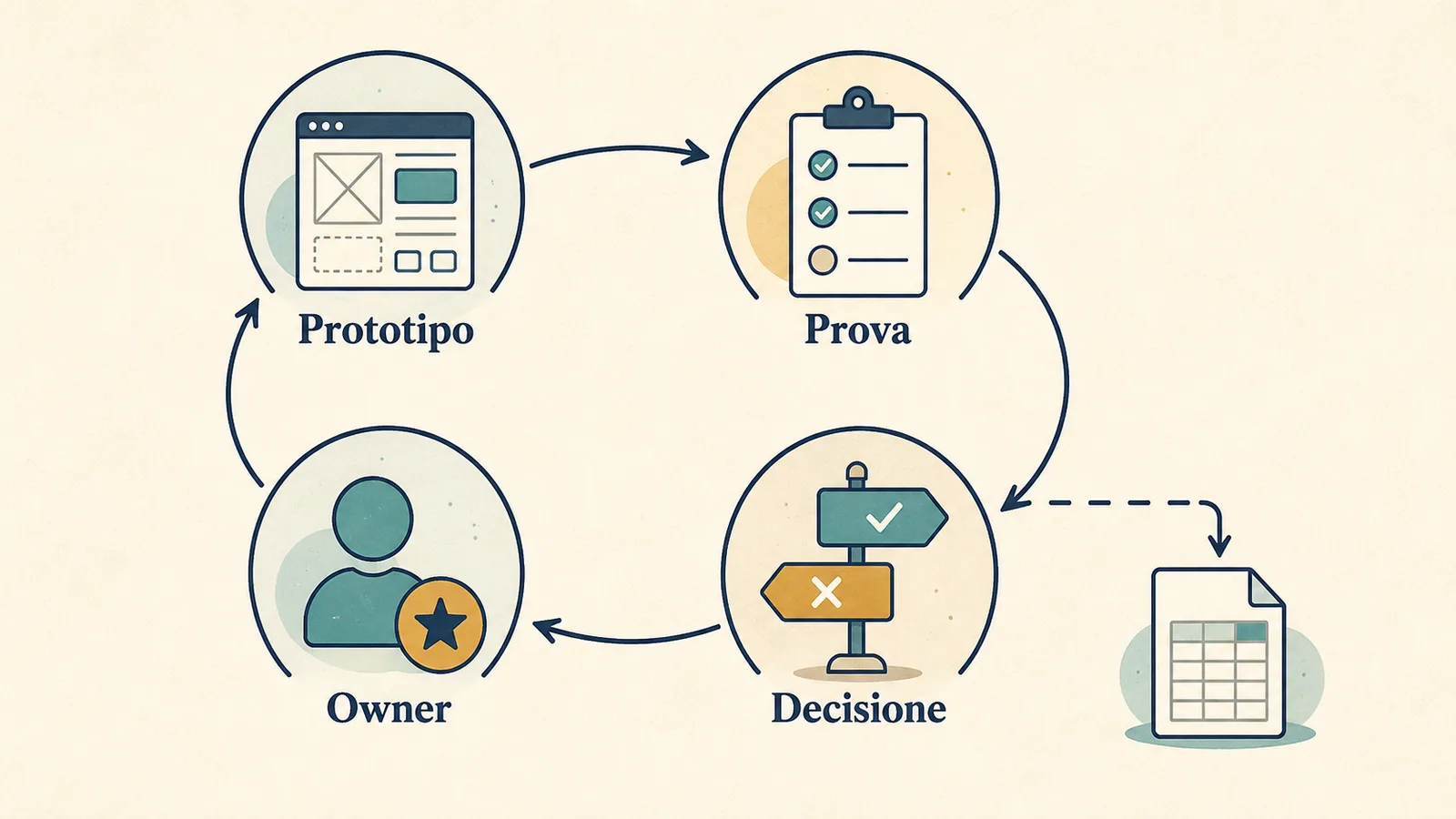 Un ciclo collega prototipo, prova, decisione e responsabilità, con ritorno al foglio quando opportuno.