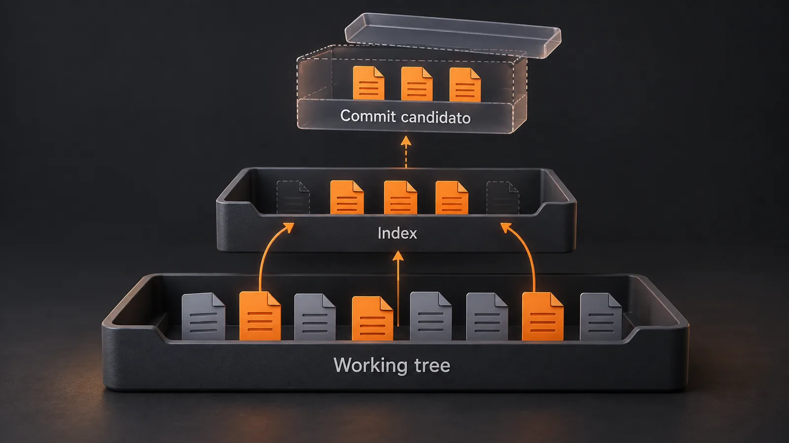 Tre livelli separano modifiche nel working tree, file nell’index e commit candidato.