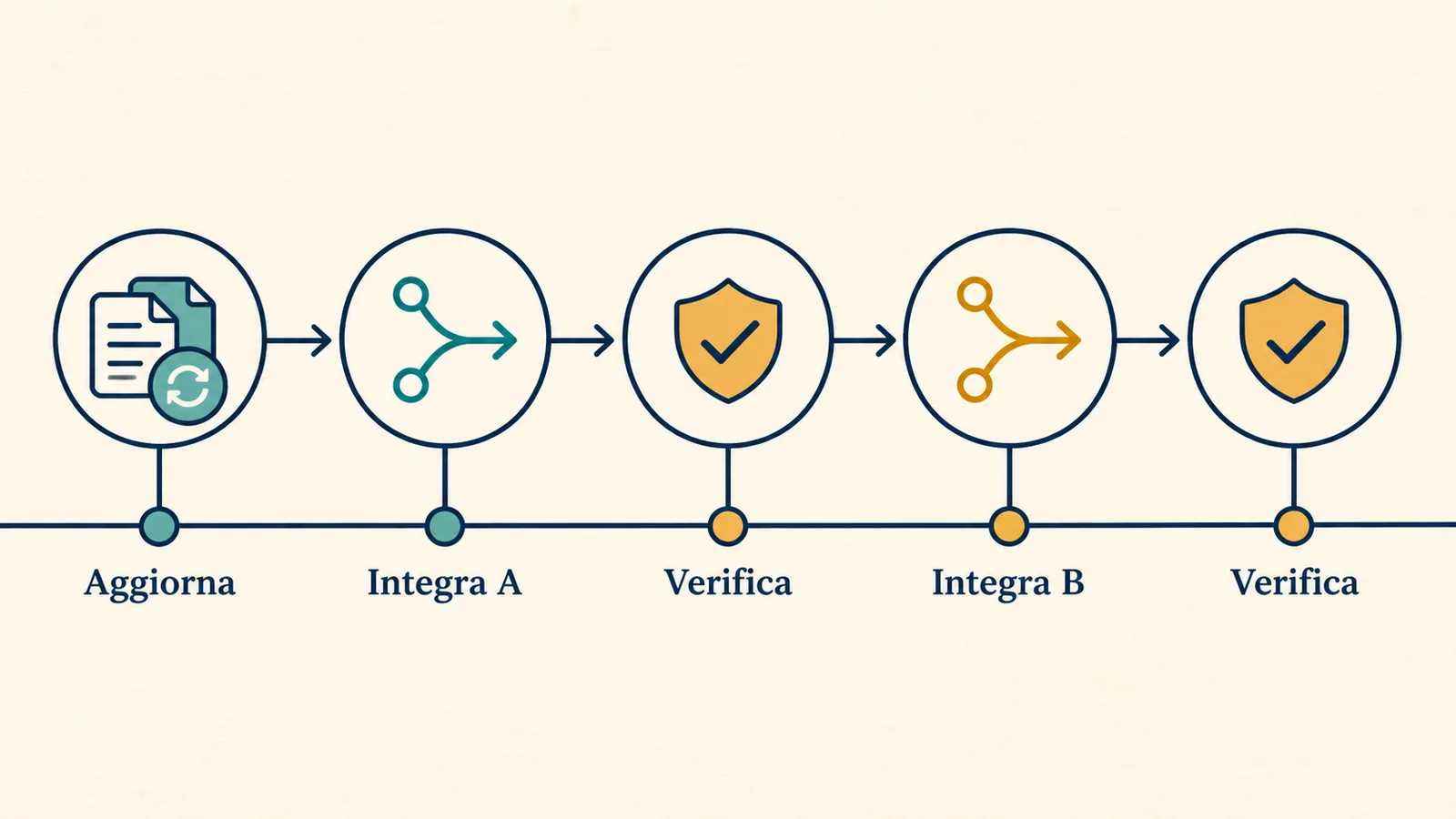 Una sequenza integra il branch A, verifica, integra il branch B e verifica di nuovo.