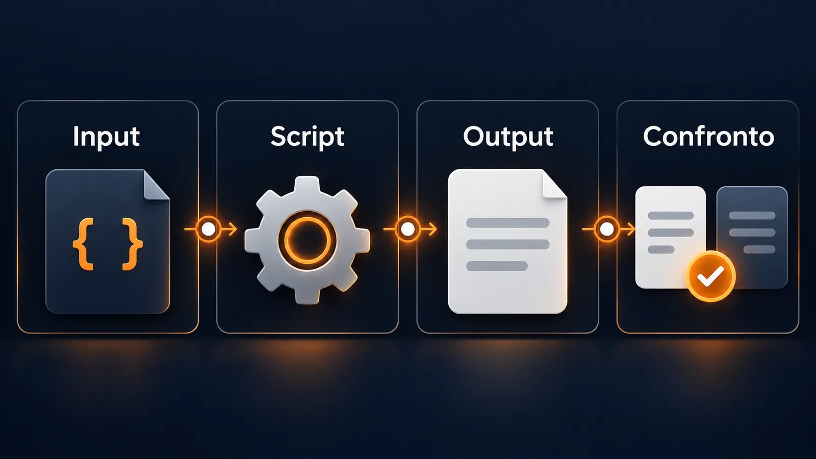 Flusso di test da JSON di input allo script, all'output e al confronto atteso