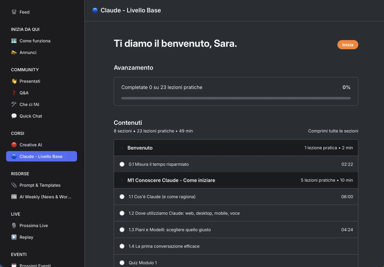 Anteprima reale del corso Claude dentro la community MAIKER HUB.