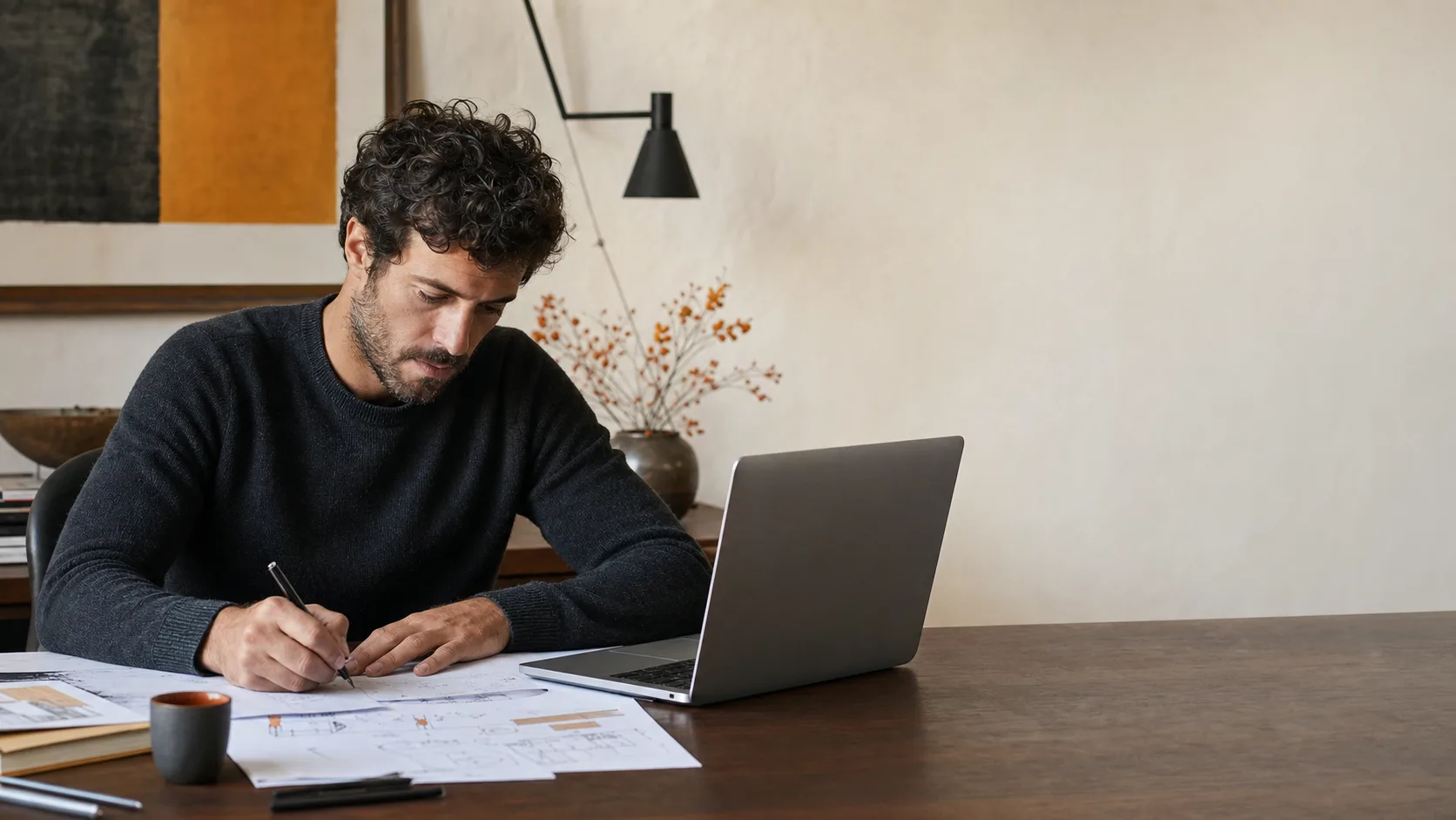 Immagine editoriale generativa: professionista indipendente che organizza un workflow di lavoro al laptop in uno studio luminoso.