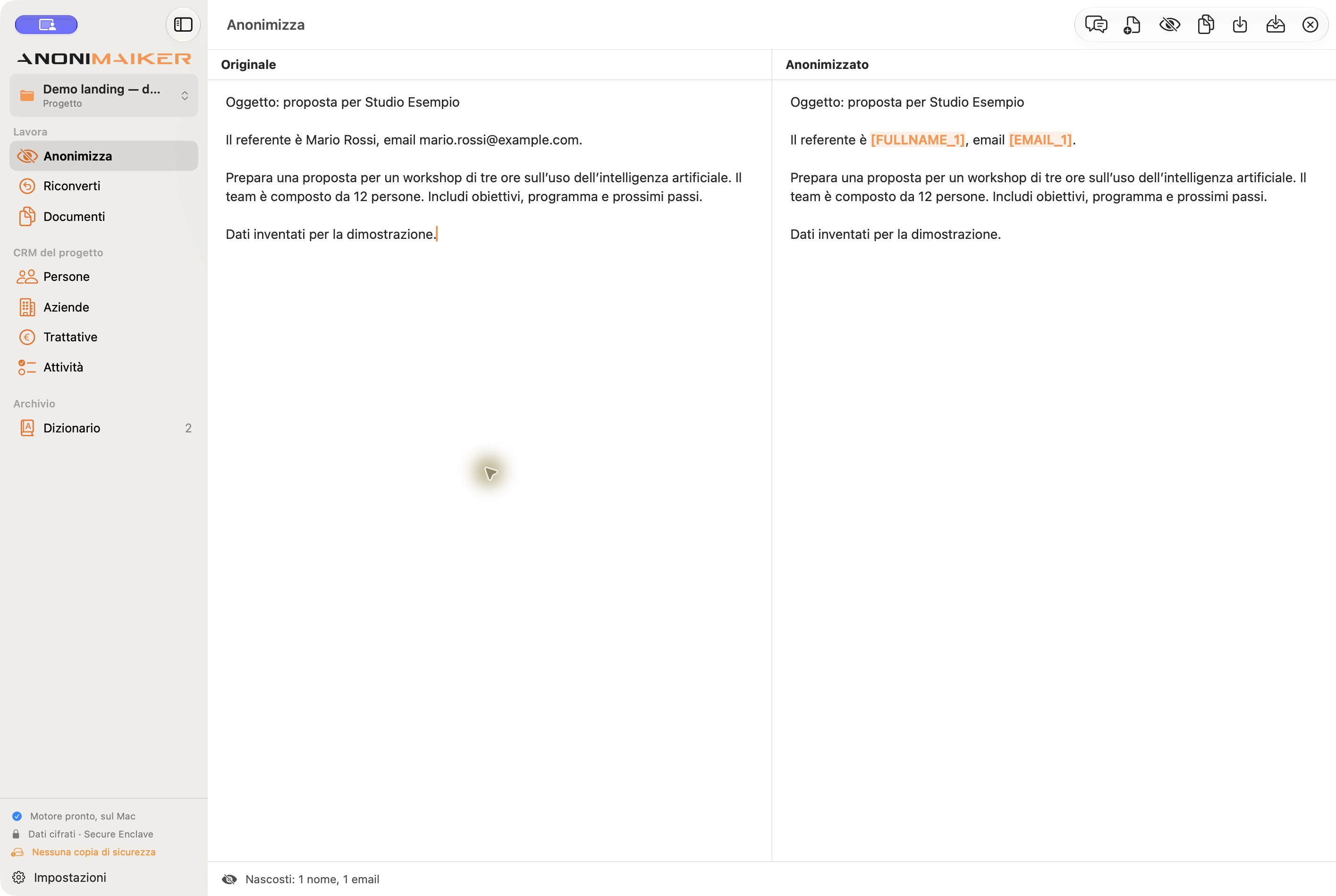 AnoniMaiker confronta il testo originale con nome ed email sostituiti da FULLNAME_1 ed EMAIL_1